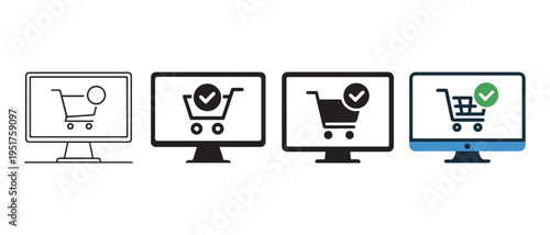 Online shopping icons. computer monitors displaying shopping carts with checkmarks, representing e-commerce success.