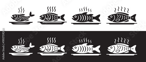 Set of Four Steaming Cooked Fish Icons on Plates, Black and White, Vector Graphics.