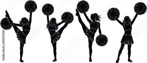 Cheerleader silhouettes set, female dancers with pom poms performing jumps and poses, sport cheerleading activity, energetic performance vector illustration collection