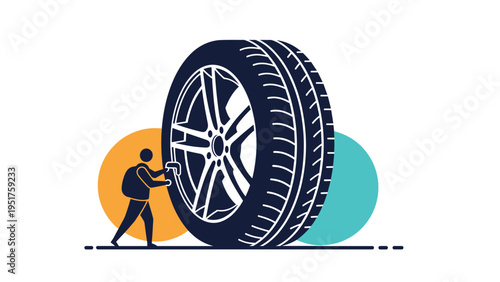 Conceptual illustration of a small person pushing a massive car wheel representing effort, hard work, and persistence in life.