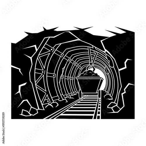 Monochrome Depiction of a Mine Entrance with Cart and Tracks.