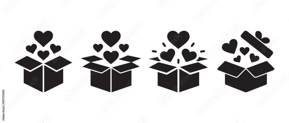 Fototapeta premium Open gift boxes with hearts overflowing, vector icons for love and surprise concepts.
