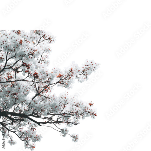A serene tree branch with white flowers and red blossoms against a clean white background, symbolizing nature's beauty and simplicity in a peaceful setting.