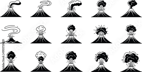 Volcano eruption silhouettes set, explosive mountain lava and smoke scenes, natural disaster illustration collection, geology activity vector design bundle