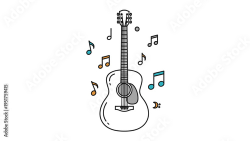 Classic acoustic guitar surrounded by various floating musical notes representing creativity, melody, and a passion for music.