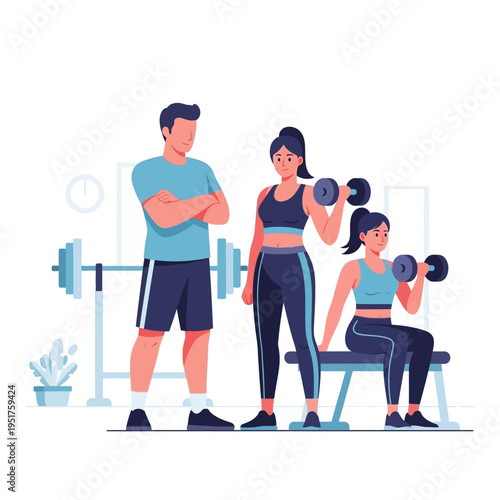 Fitness Coach Training Women with Dumbbells in Gym