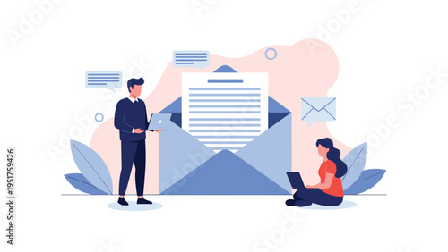 Two professional people working on laptops next to a giant open envelope with an email document for communication and marketing.