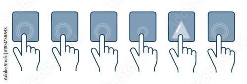 Touch screen gestures set with hand icons showing various interactive motions on digital tablet interfaces