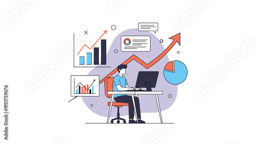 Focused data analyst working at a computer surrounded by various business charts, graphs, and trends for professional data research.