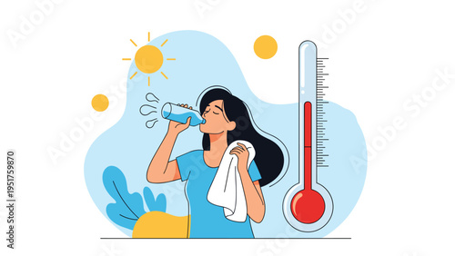Thirsty woman drinking water during extreme heat as indicated by a high temperature on a nearby thermometer for summer health awareness.