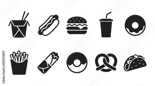 A collection of black and white icons representing various fast food items, including burgers, hot dogs, fries, and drinks, perfect for use in graphic design, advertising, or educational materials.
