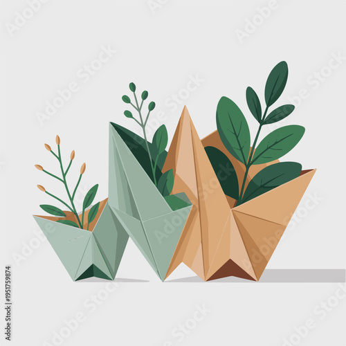 Minimalist paper craft origami plant pots with botanical green leaves vector design