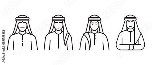 Four men wearing traditional middle eastern headscarves and robes in a simple line drawing.