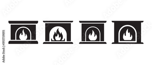 Four different fireplace designs with flames in various arches.