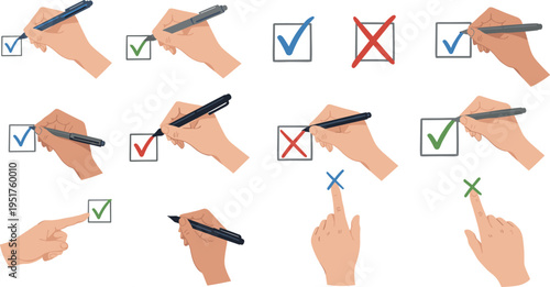 A Set of Hand Illustrations Marking Checkboxes with Green, Red, and Blue Tick and Cross Symbols for Forms and Surveys