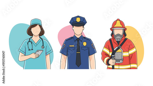 Essential healthcare worker, police officer and firefighter stand together representing diverse public service professions.
