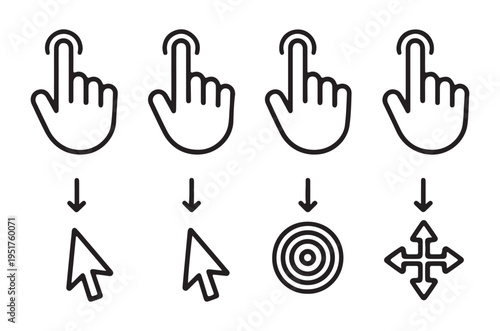 Set of hand touch gestures and mouse cursor action icons with arrows isolated on white background
