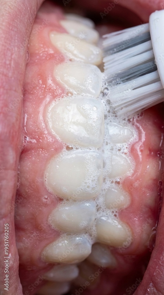 Obraz premium Close-up of teeth being brushed with an electric toothbrush and toothpaste foam