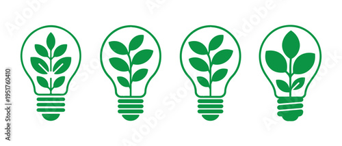 Eco friendly light bulb icons. with green leaves symbolizing sustainable energy and environmental conservation.