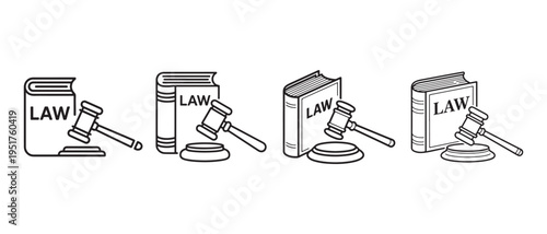 A series of law books with gavels on top of and next to them in a line.