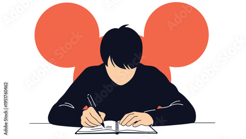 Young male student or writer sits at a desk focusing intently on writing notes in a spiral bound notebook on a white surface.