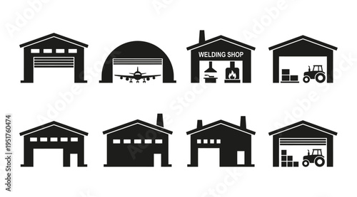 a collection of black industrial building icons on a white background, including warehouses, hangars, and workshops, suitable for use in architecture, engineering, or construction related projects