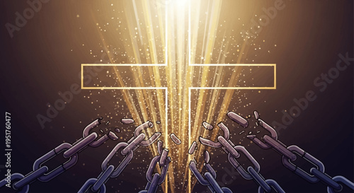 Golden cross with light rays breaking chains, symbolizing freedom and divine intervention.