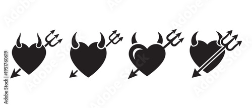 Collection of devilish heart symbols with horns and pitchforks on white background.