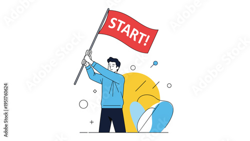 Energetic young man in a blue sweatshirt raises a red flag with the word start written in bold white capital letters.