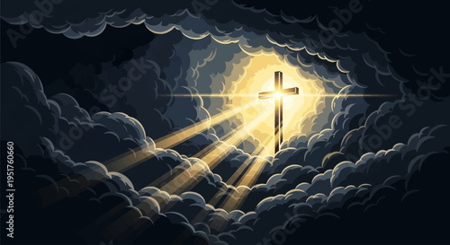 A radiant cross emerges from dark clouds, with golden light rays piercing through.