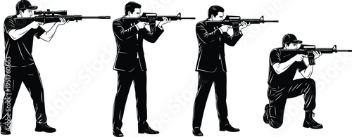 Armed men silhouettes set, tactical shooters aiming rifles in different poses, security and military action concept, weapon training vector illustration