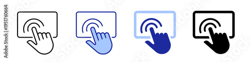 Hand touching tablet icon vector. finger pressing display for digital interaction symbol. Flat and Outline style vector colored and black and white icon collection