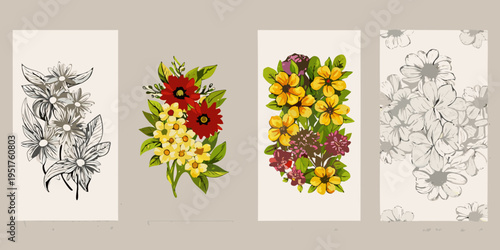 Four vertical panels showcasing detailed botanical floral arrangements