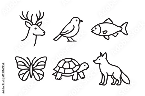 Simple black and white line drawings depicting a deer bird fish butterfly turtle and fox