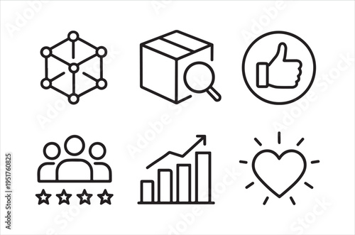 A collection of black outline icons representing concepts like network quality and positive feedback