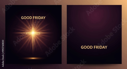 A solemn Good Friday graphic featuring a radiant golden cross with light rays and the text "Good Friday" on a dark background.