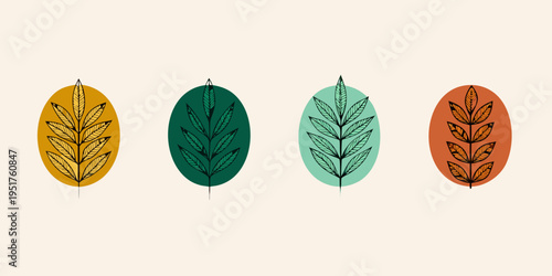 Four stylized leaf shapes in varying colors and botanical designs