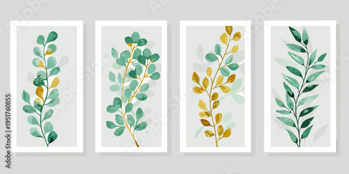 Four watercolor paintings of leafy branches in varying autumnal hues