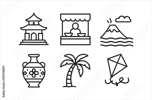 Minimalist black and white line drawing featuring various travel and cultural icons high quality