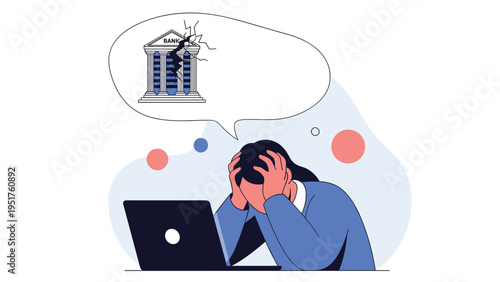Stressed woman holds her head in her hands while sitting at a laptop and worrying about a cracked bank building icon.