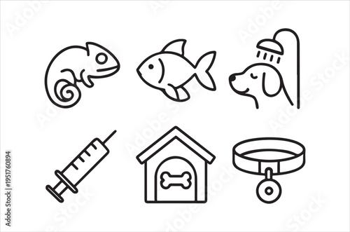 Simple line art depicts a variety of pet related items including animals and veterinary tools