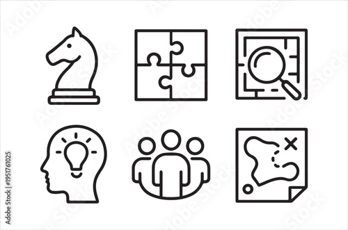 Line art icons depicting a knight puzzle magnifying glass and concepts of thought and teamwork