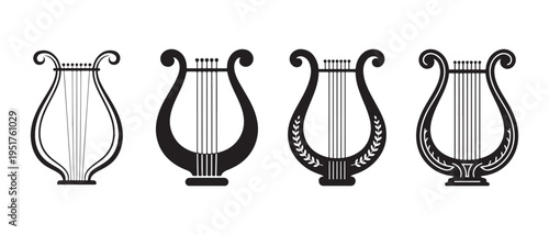 Collection of ancient lyre harp musical instruments, vintage string instrument illustrations on white background.