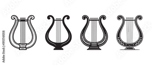 Four different designs of lyres in black and white background.