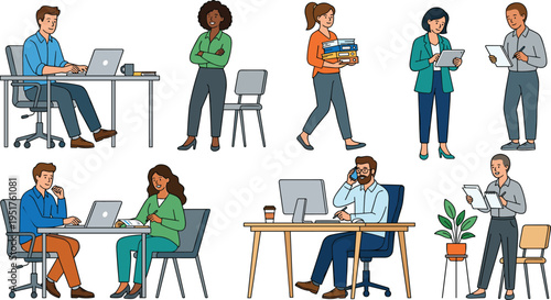 Office Professionals Illustration Set with Laptops, Phones, Tablets, and Workplace Activities for Business and Corporate Designs