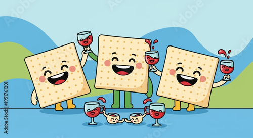 Three cheerful matzah crackers toasting with wine glasses in celebration, with two small bowls of wine in front.