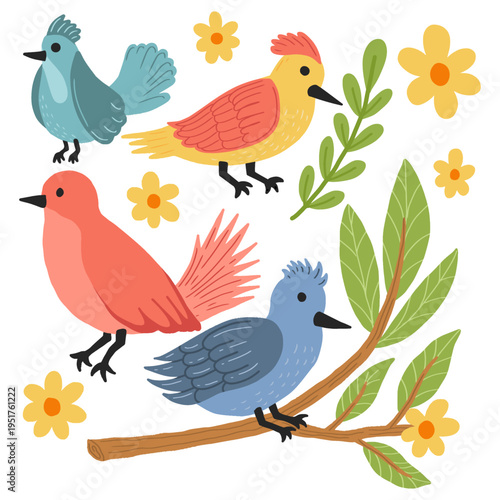 Cute colorful birds and floral elements vector set. Decorative bird and botanical collection for nursery and greeting cards