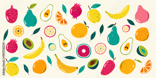 A colorful assortment of various fruits and leaves in a flat design