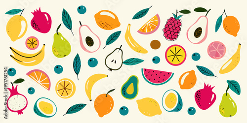Colorful assortment of hand drawn fruits and leaves against a cream background