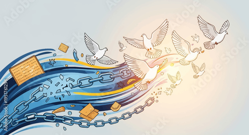 Symbolic illustration of doves flying free from broken chains and shackles, representing liberation and hope.